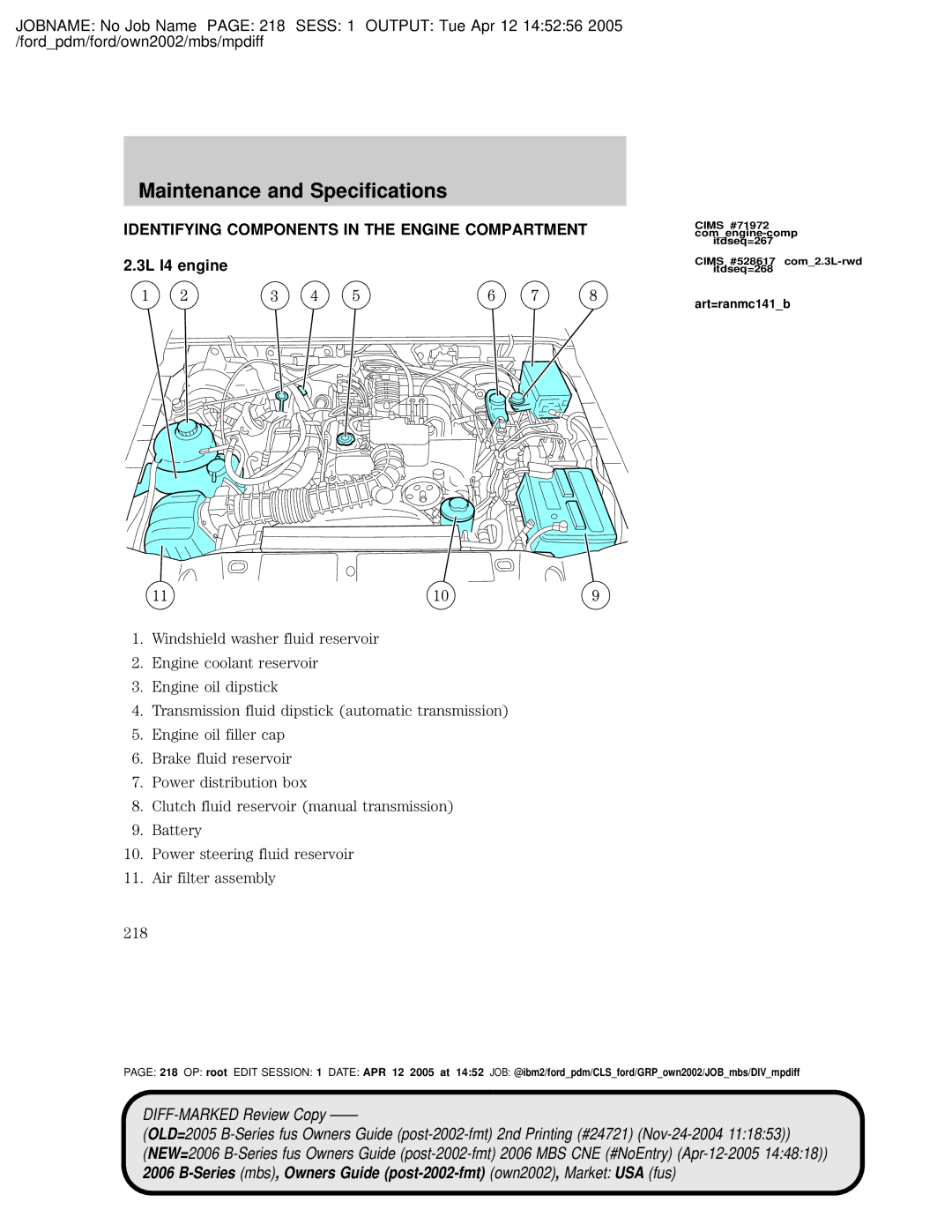 Mazda 4WD manual Identifying Components in the Engine Compartment, 3L I4 engine, Art=ranmc141b 