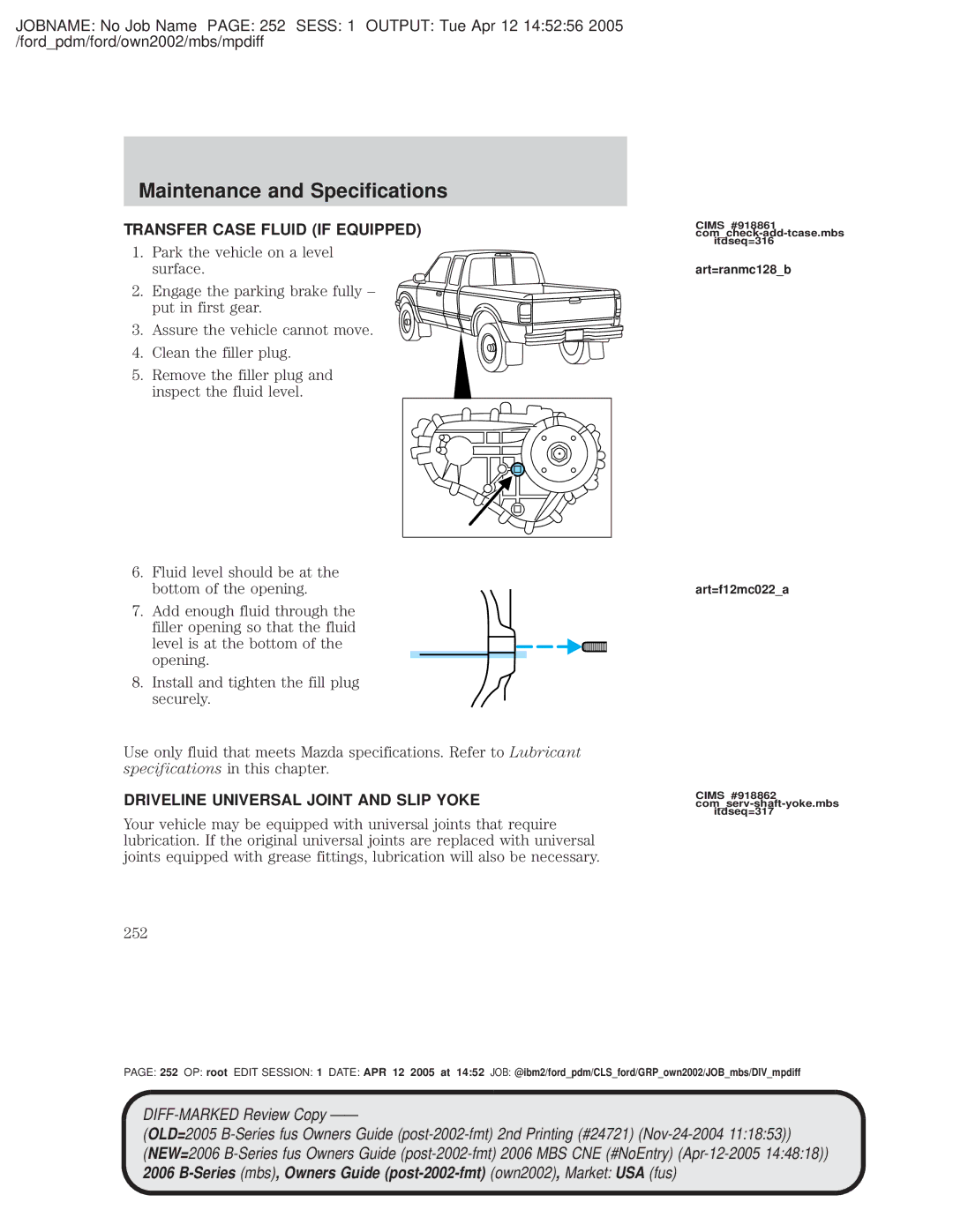 Mazda 4WD manual Transfer Case Fluid if Equipped, Driveline Universal Joint and Slip Yoke, 252, Art=ranmc128b Art=f12mc022a 