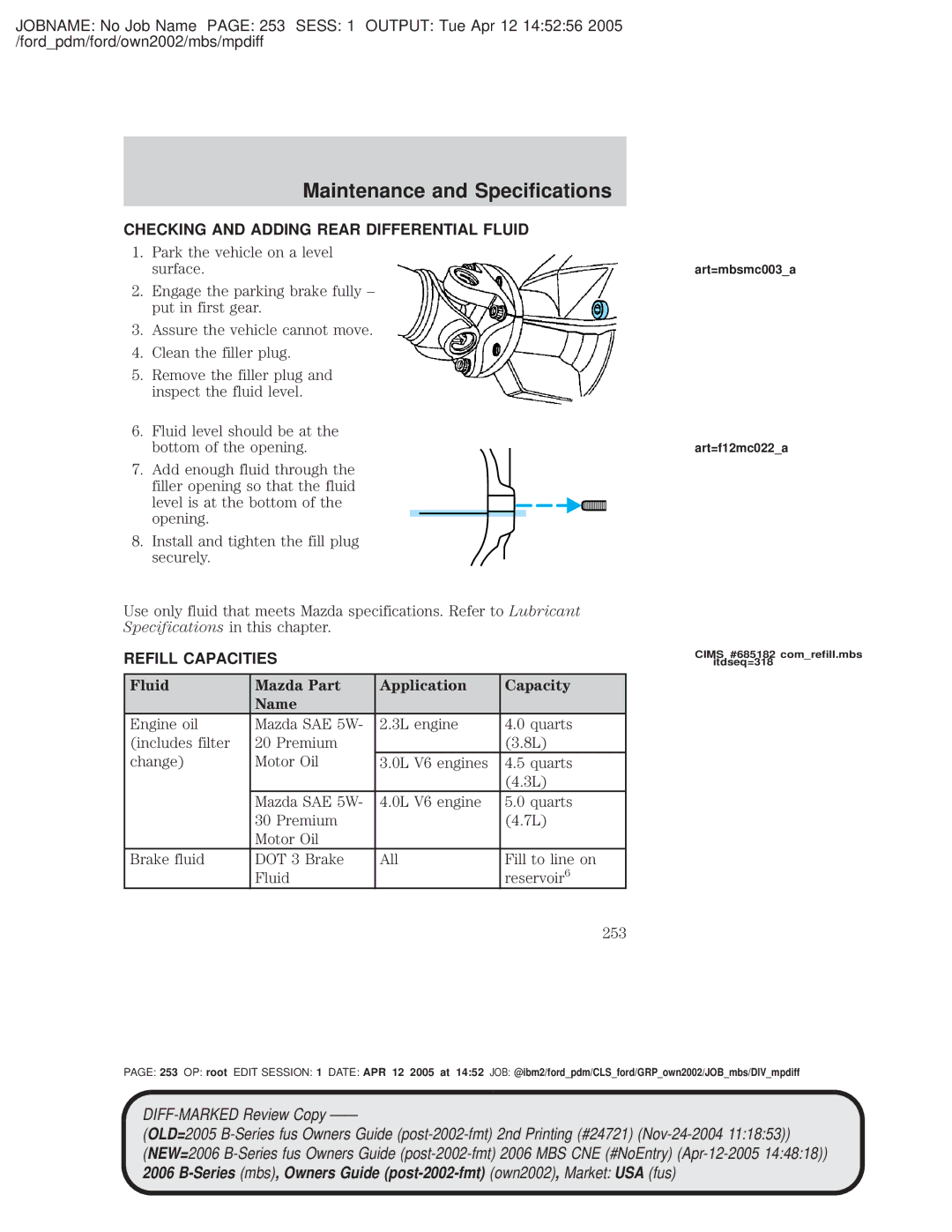 Mazda 4WD manual Checking and Adding Rear Differential Fluid, Refill Capacities, Fluid Mazda Part Application Capacity Name 