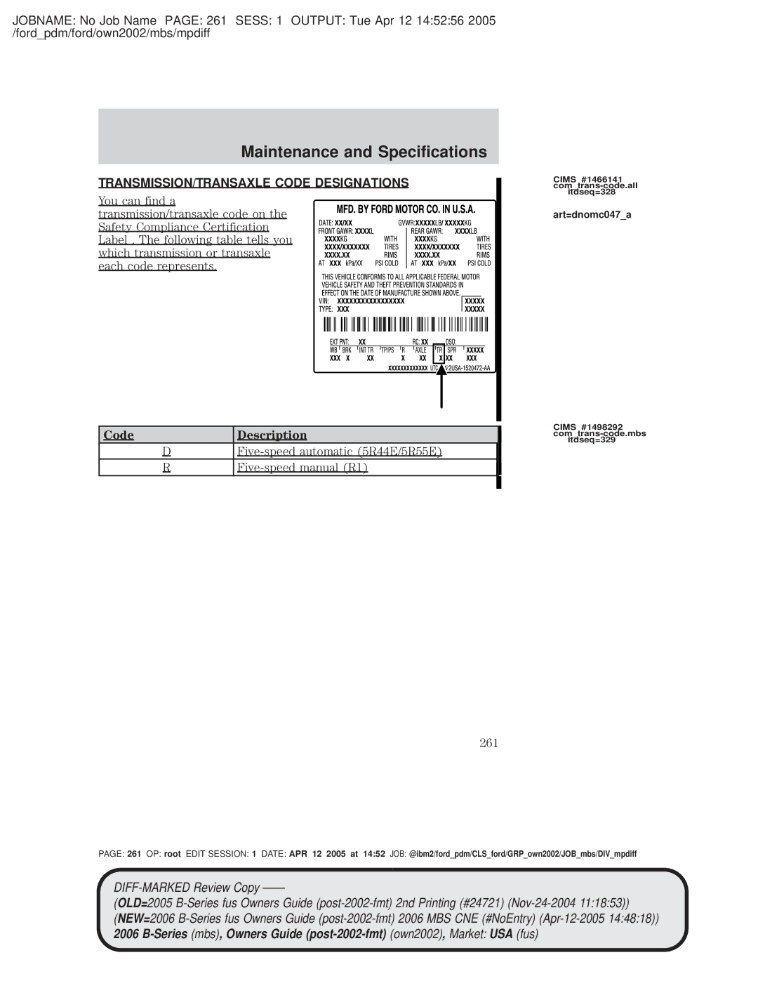 Mazda 4WD manual TRANSMISSION/TRANSAXLE Code Designations, Code Description, Art=dnomc047a 