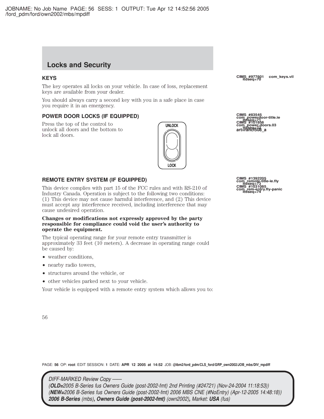 Mazda 4WD manual Locks and Security, Keys, Power Door Locks if Equipped, Remote Entry System if Equipped 