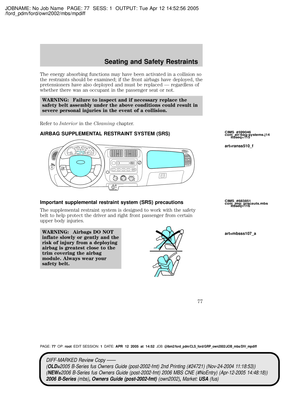 Mazda 4WD Airbag Supplemental Restraint System SRS, Important supplemental restraint system SRS precautions, Art=ranss510f 