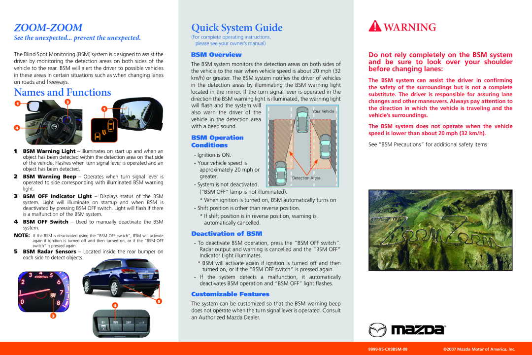 Mazda 9999-95-CX9BSM-08 operating instructions Zoom-Zoom, Names and Functions, Quick System Guide 