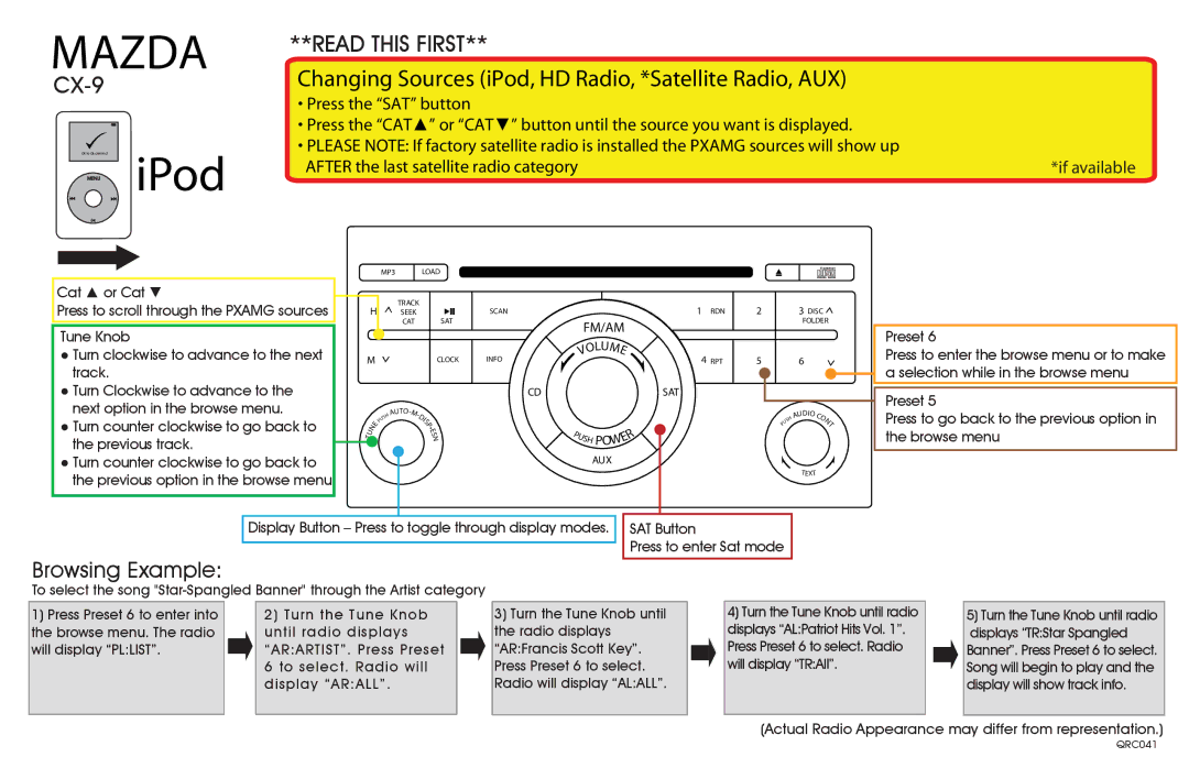 Mazda CX-9 manual Mazda, Read this First, Changing Sources iPod, HD Radio, *Satellite Radio, AUX, Browsing Example 