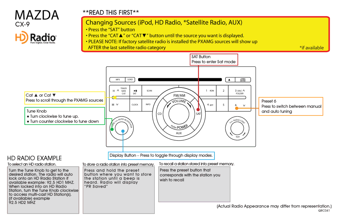 Mazda CX-9 manual HD Radio Example, To select an HD radio station, If available example 92.5 HD2 MHZ 