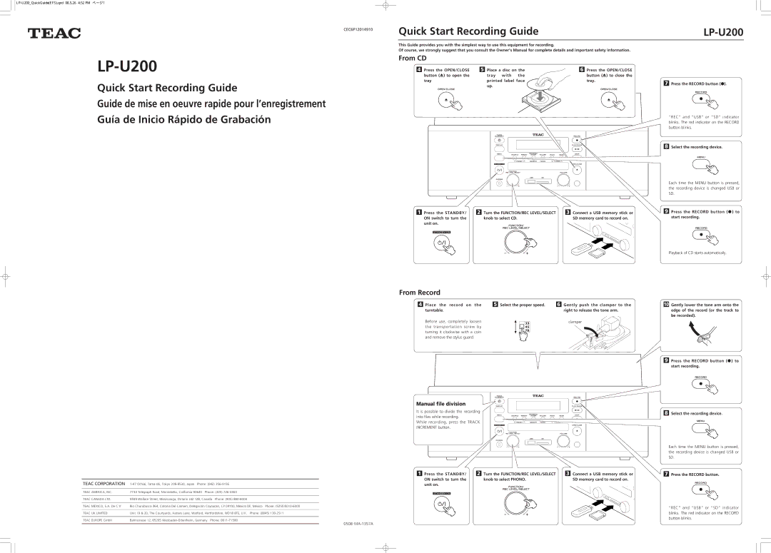 Mazda LP-U200 quick start From CD, From Record, Manual file division 