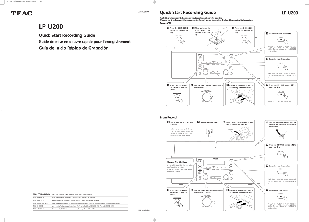 Mazda LP-U200 quick start Quick Start Recording Guide, Guía de Inicio Rápido de Grabación, From CD, From Record 