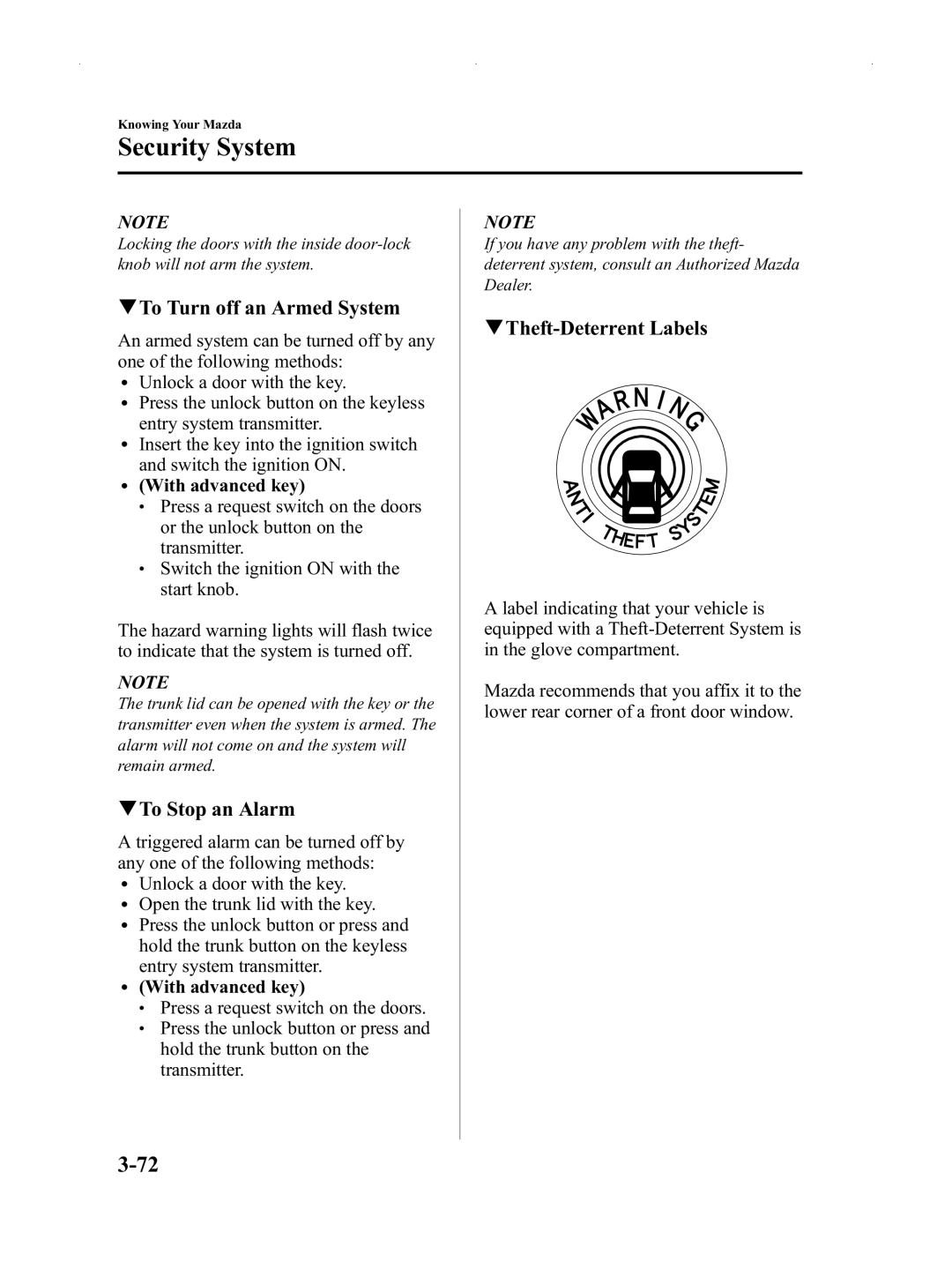 Mazda Not a Manual manual QTo Turn off an Armed System, QTo Stop an Alarm, QTheft-Deterrent Labels 