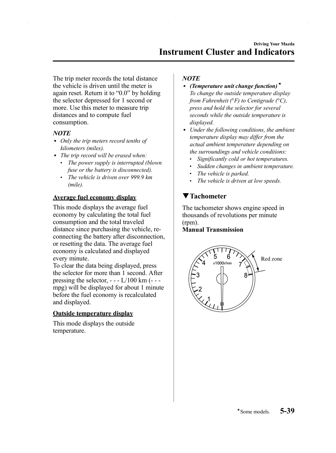 Mazda Not a Manual manual Tachometer, Temperature unit change functioní 