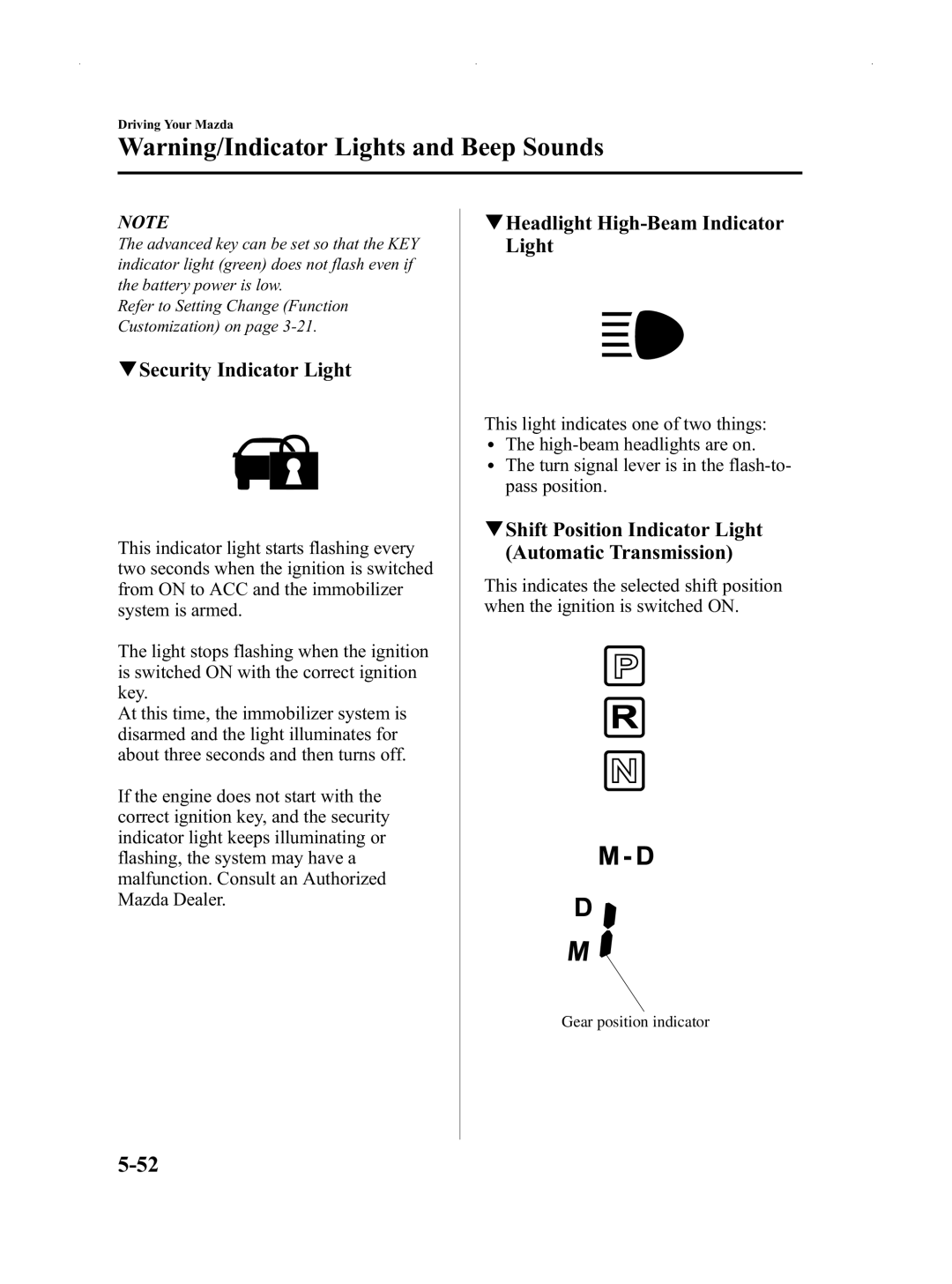 Mazda Not a Manual manual QSecurity Indicator Light, QHeadlight High-Beam Indicator Light 