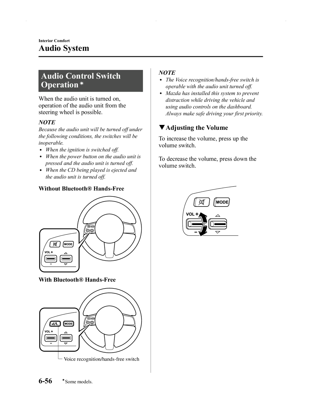 Mazda Not a Manual manual Audio Control Switch Operationí, QAdjusting the Volume 