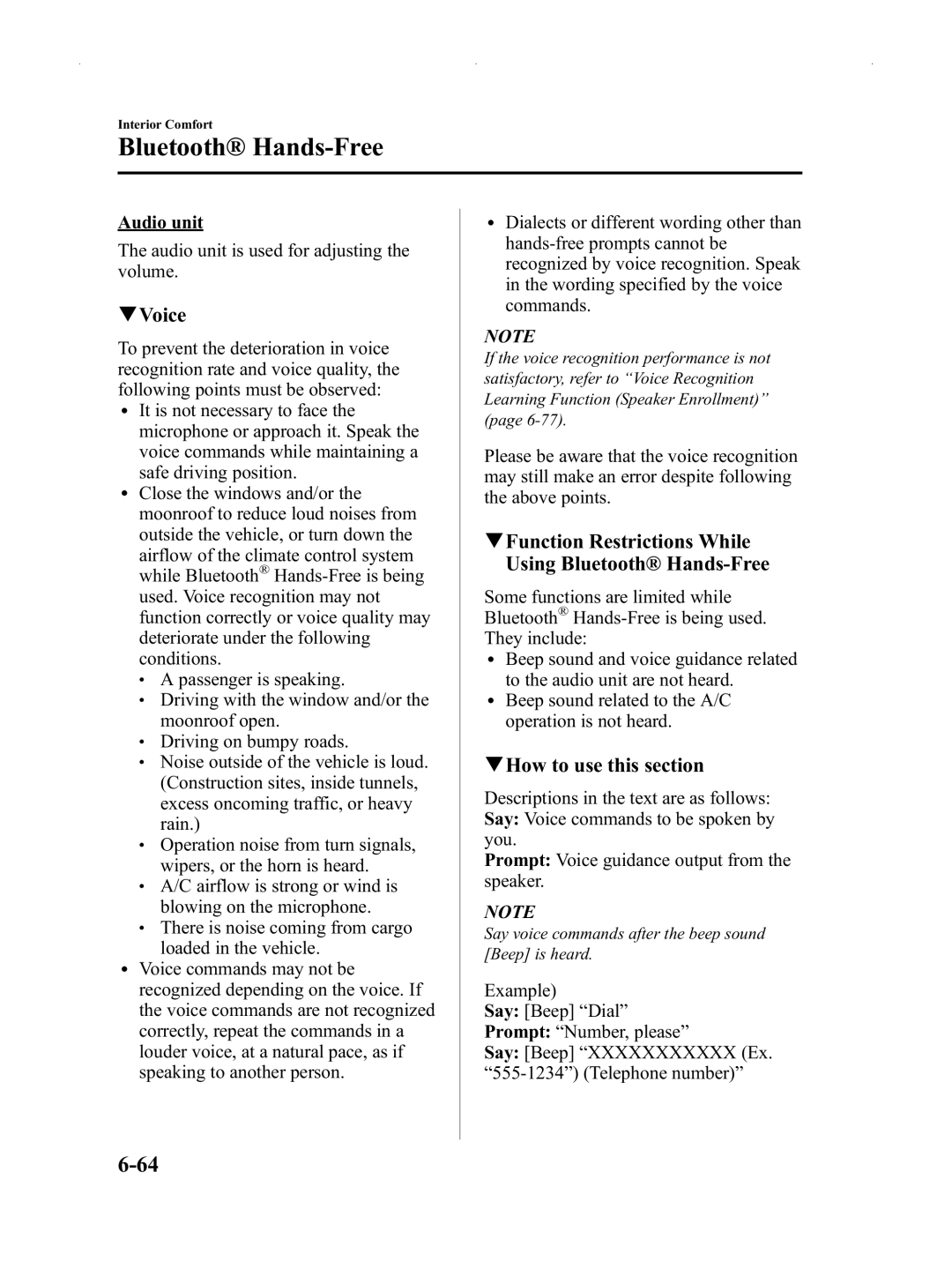 Mazda Not a Manual manual Voice, QFunction Restrictions While Using Bluetooth Hands-Free, QHow to use this section 