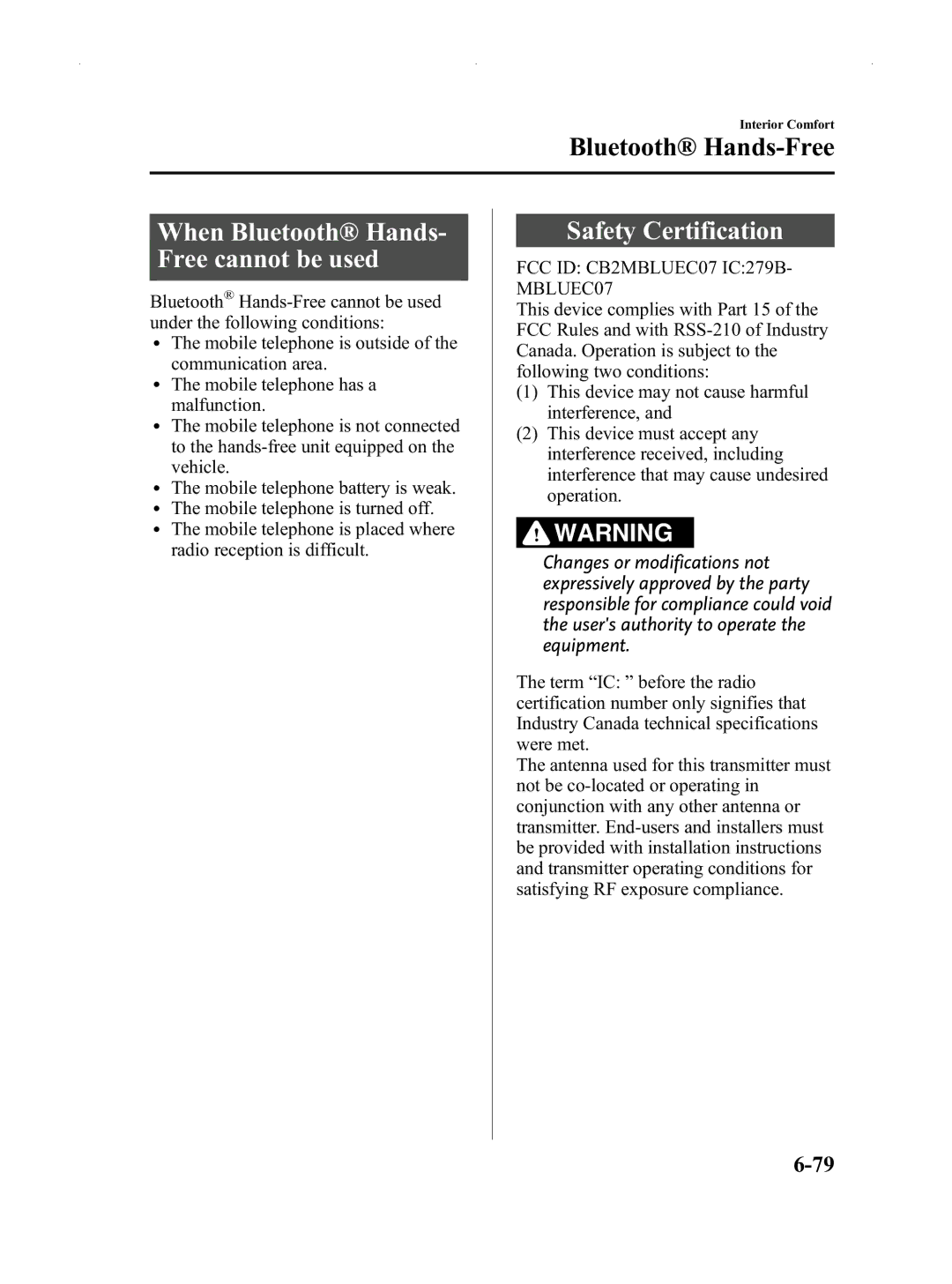 Mazda Not a Manual manual When Bluetooth Hands- Free cannot be used, FCC ID CB2MBLUEC07 IC279B- MBLUEC07 