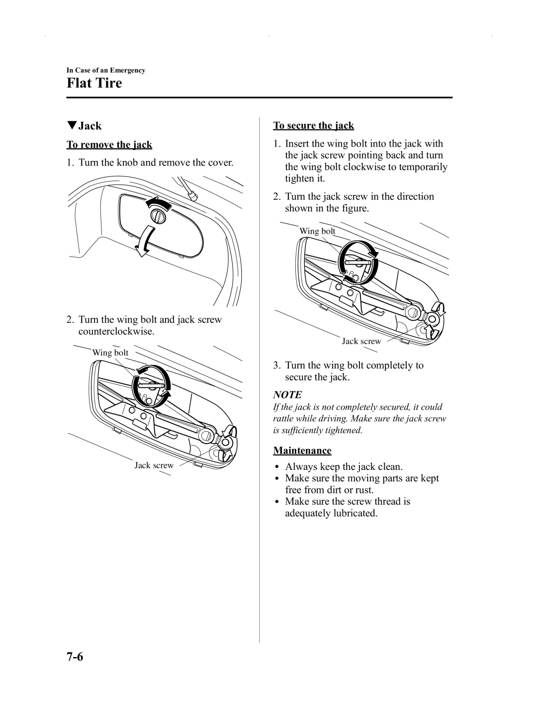 Mazda Not a Manual manual Jack, Turn the wing bolt completely to secure the jack 