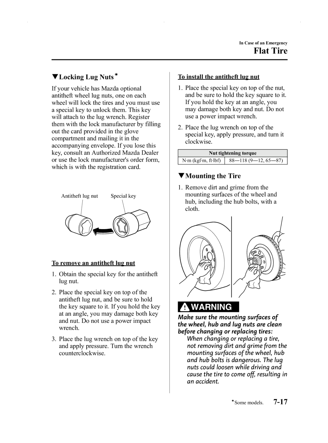 Mazda Not a Manual manual QLocking Lug Nutsí, QMounting the Tire 