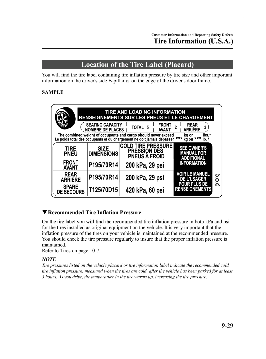 Mazda Not a Manual manual Location of the Tire Label Placard, QRecommended Tire Inflation Pressure 