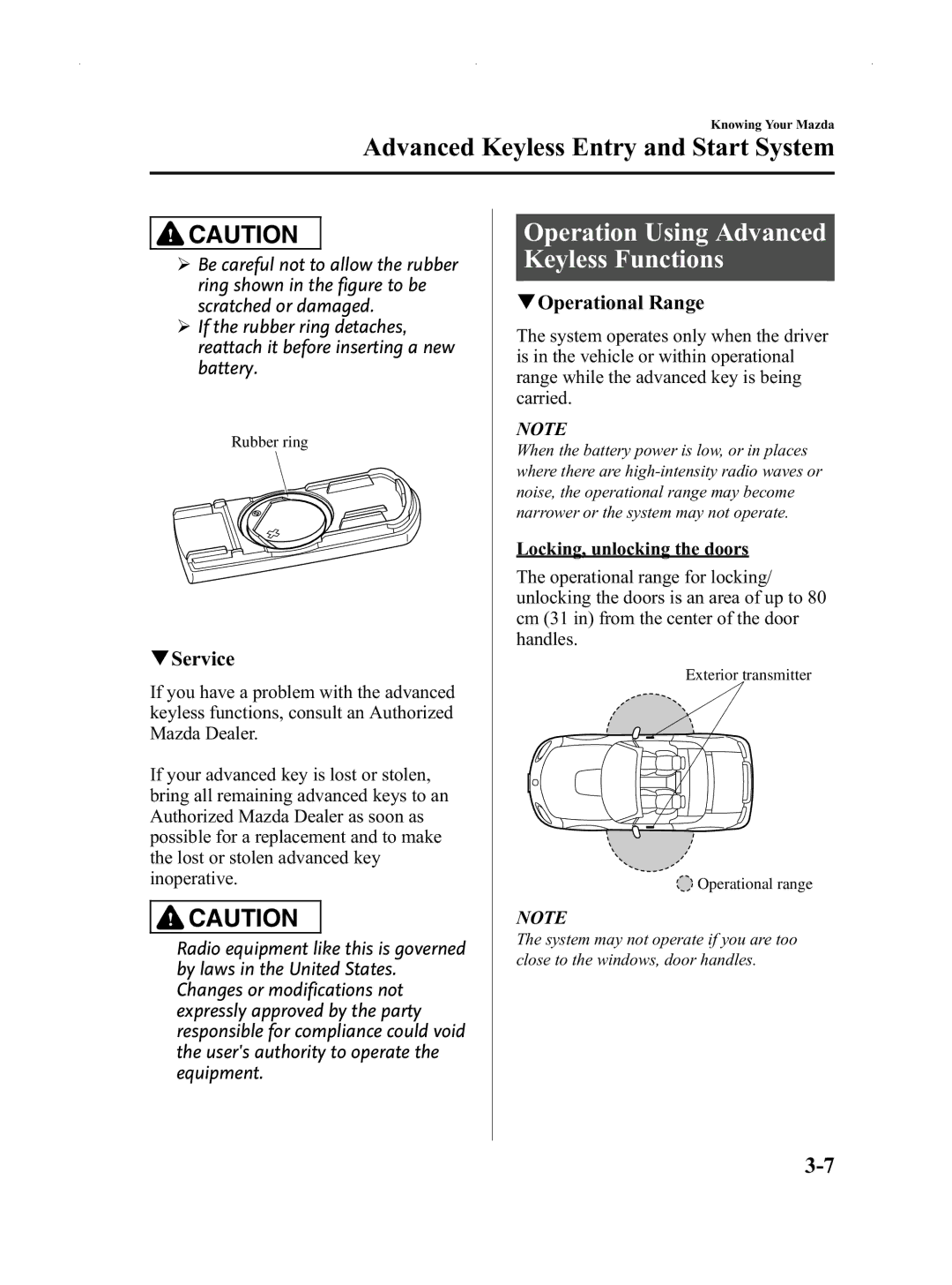 Mazda Not a Manual manual Operation Using Advanced Keyless Functions, Service, QOperational Range 