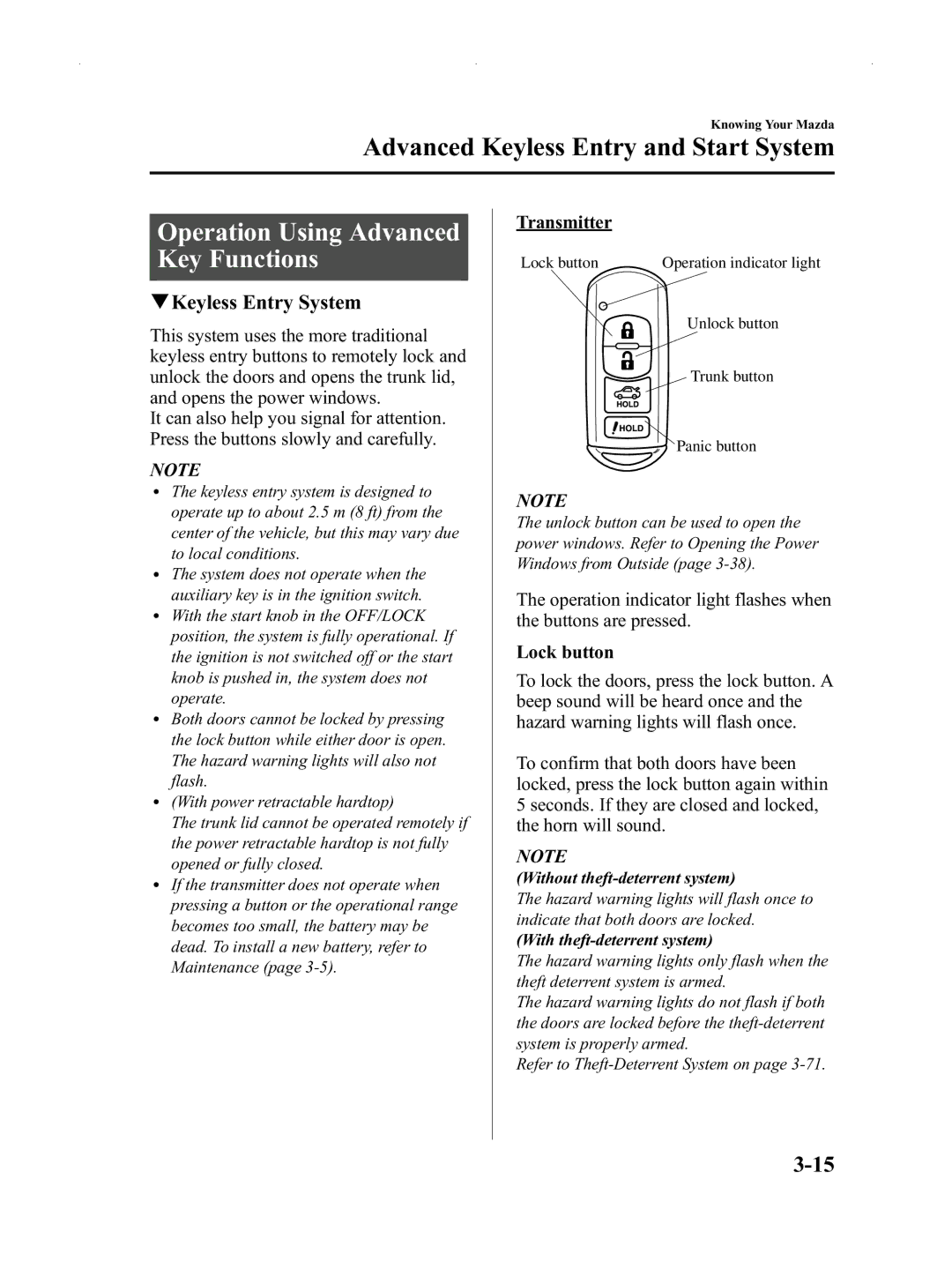 Mazda Not a Manual manual Operation Using Advanced Key Functions, QKeyless Entry System 