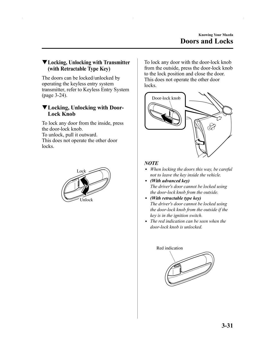 Mazda Not a Manual manual QLocking, Unlocking with Door- Lock Knob, With retractable type key 