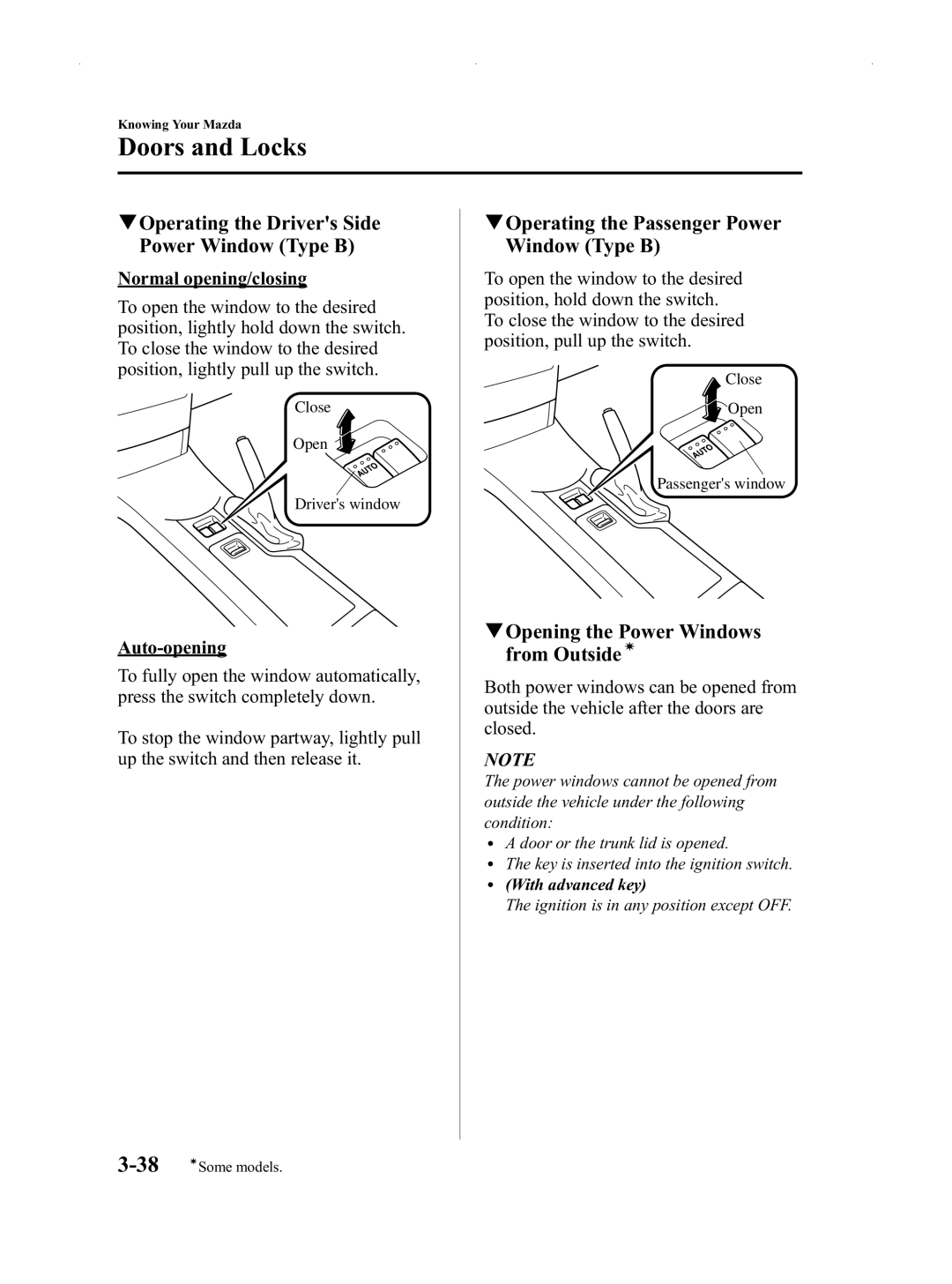 Mazda Not a Manual manual QOperating the Drivers Side Power Window Type B, QOperating the Passenger Power Window Type B 