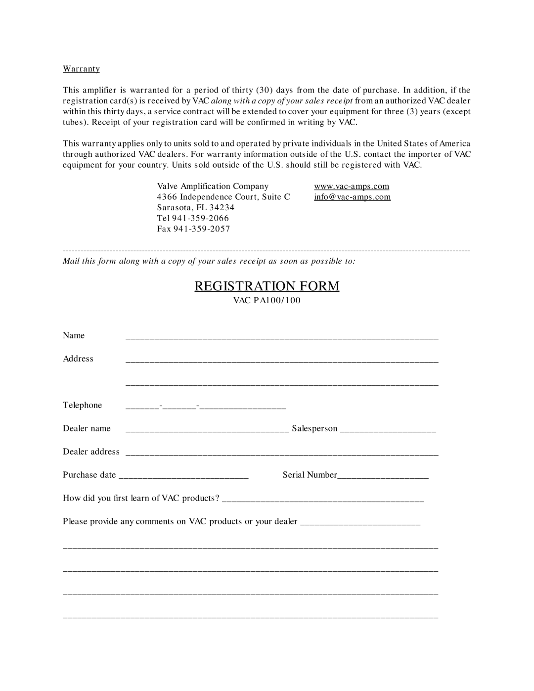 Mazda VAC PA100/100 user service Registration Form 