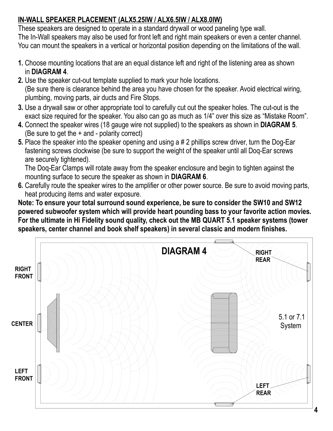 MB QUART ALX80IW, ALX525IW, ALX80IC, ALX525IC, ALX65IW, ALX65IC manual IN-WALL Speaker Placement ALX5.25IW / ALX6.5IW / ALX8.0IW 