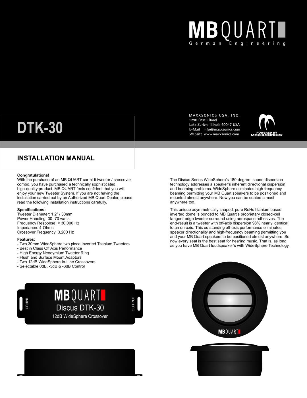 MB QUART installation manual Installation Manual, Congratulations, Specifications, Features, Discus DTK-30 