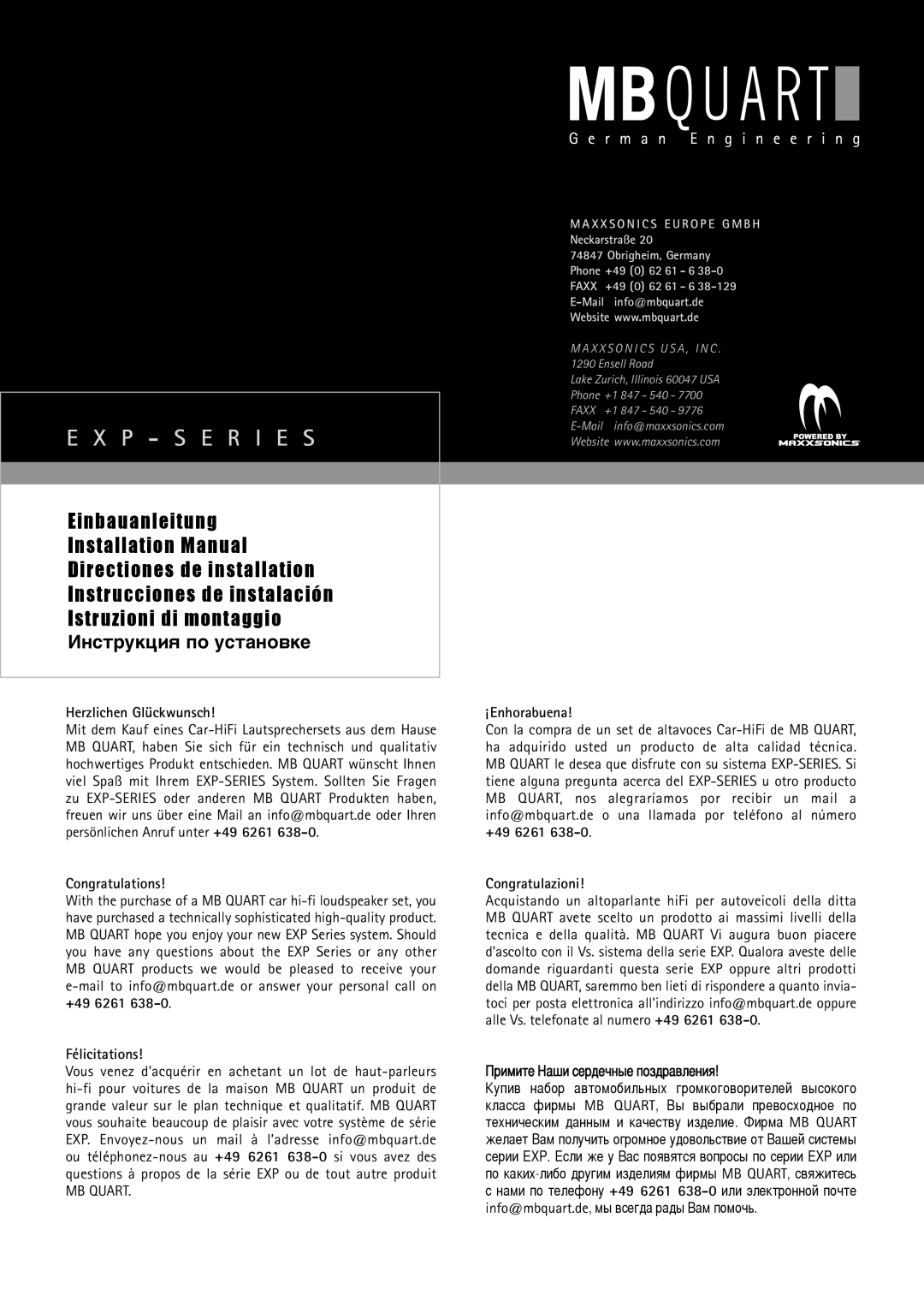 MB QUART EXP Series installation manual Herzlichen Glückwunsch, Congratulations, Félicitations, ¡Enhorabuena 