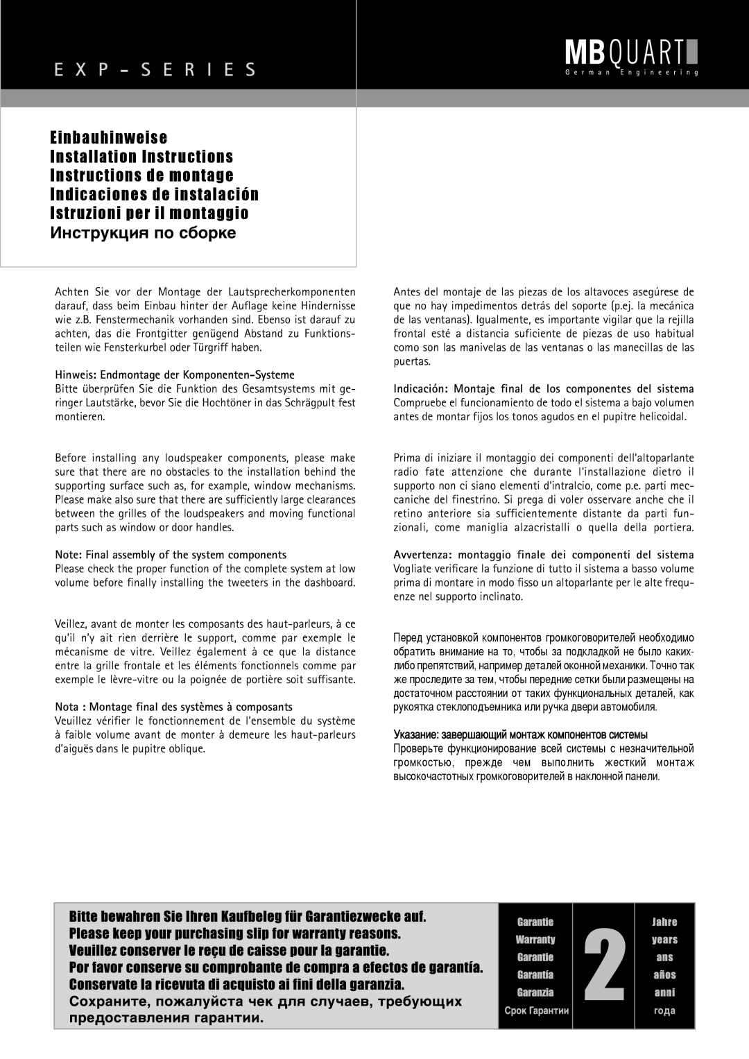 MB QUART EXP Series installation manual Instrukciå po sborke, Hinweis Endmontage der Komponenten-Systeme 