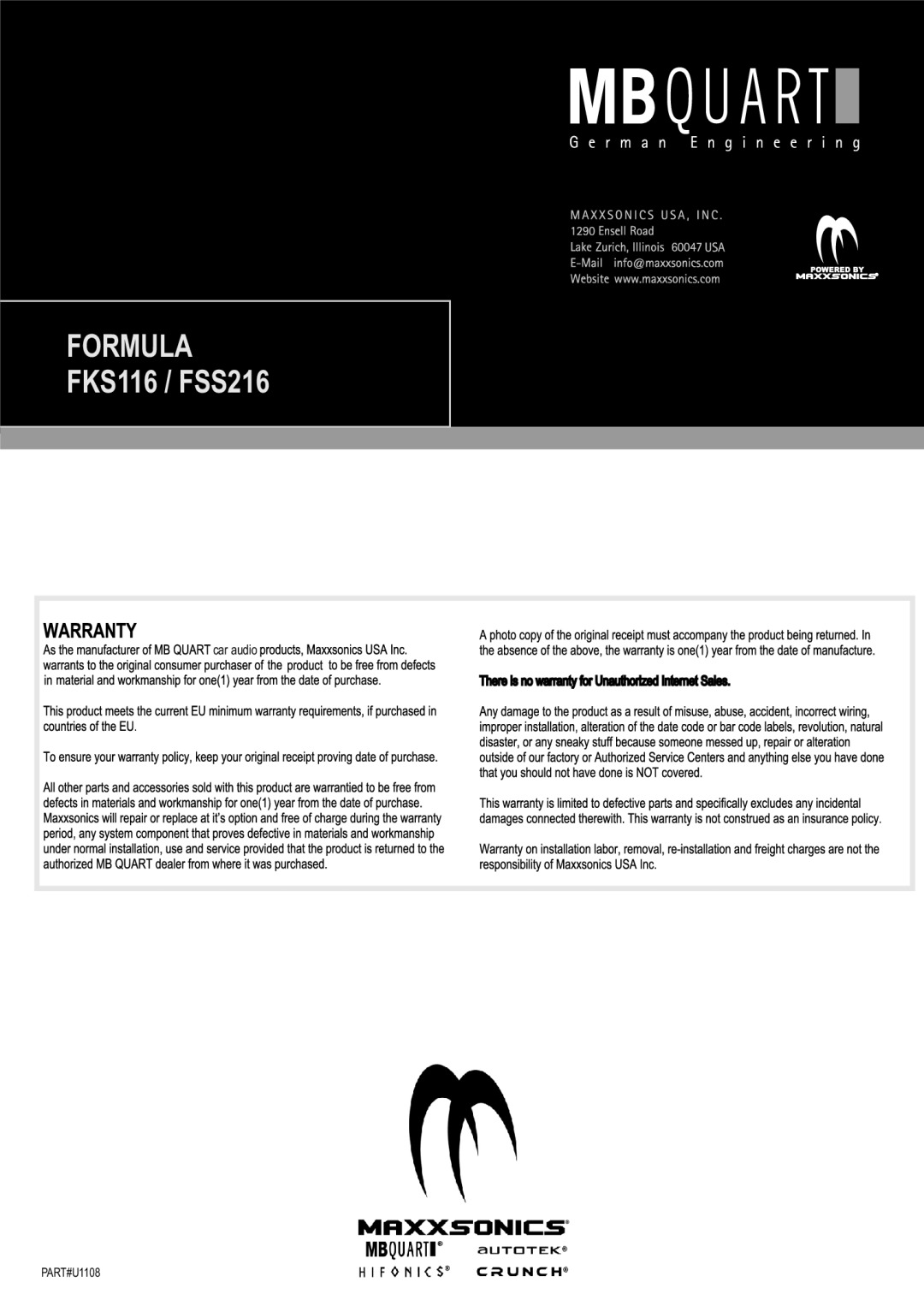 MB QUART FKS116, FSS216 manual PART#U1108 