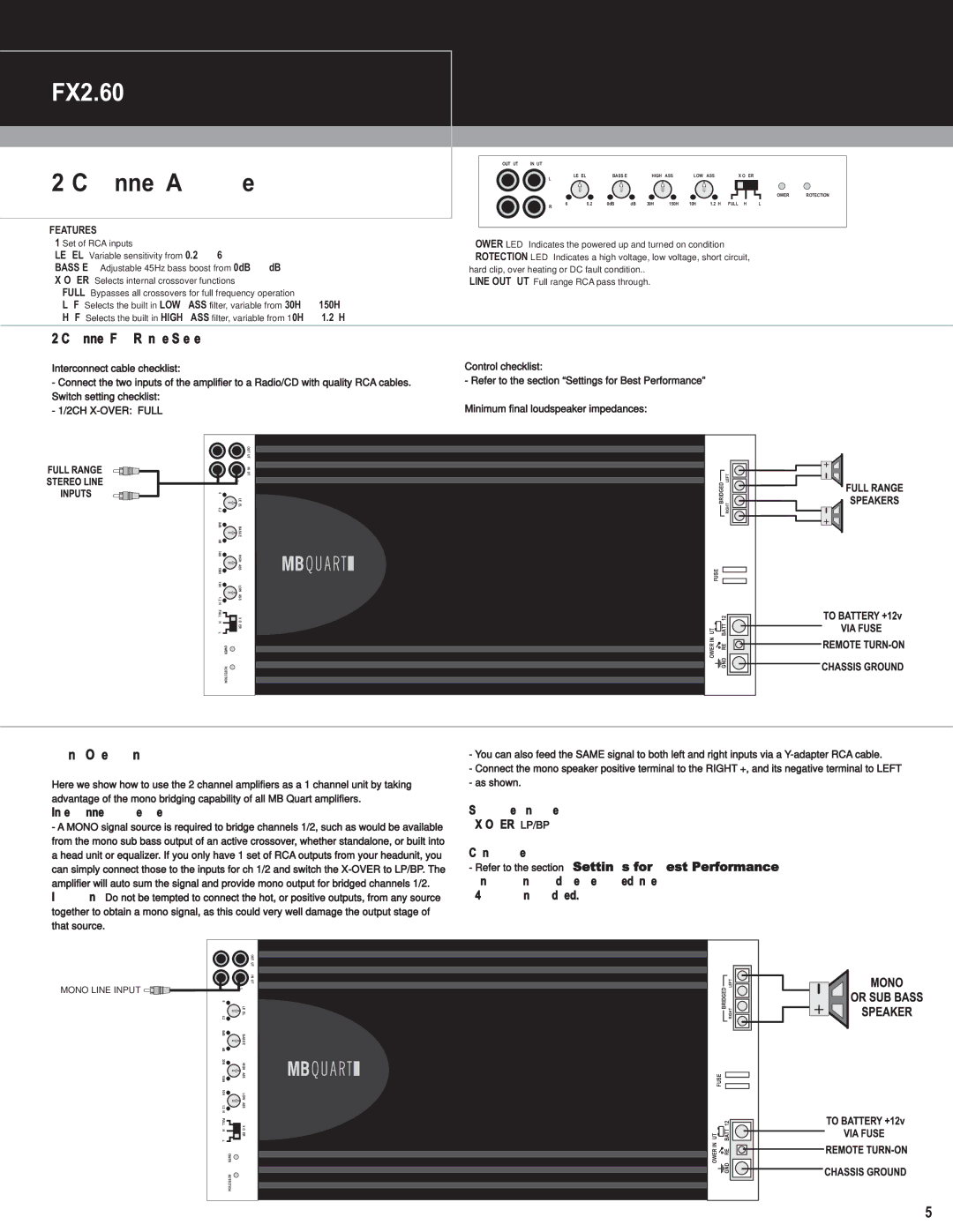 MB QUART FX1.1000 FX2.60, Channel Amplifiers, Channel Full Range Stereo, Mono Operation, 2CH X-OVER Full 