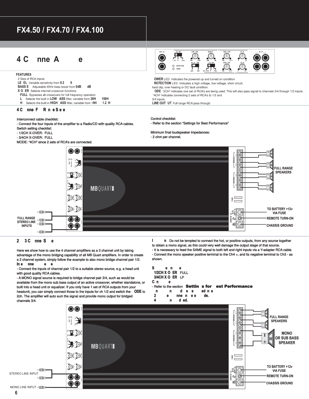 MB QUART FX1.1000 installation manual FX4.50 / FX4.70 / FX4.100, Or 3 Channel System, 2CH X-OVER Full 4CH X-OVER Full 