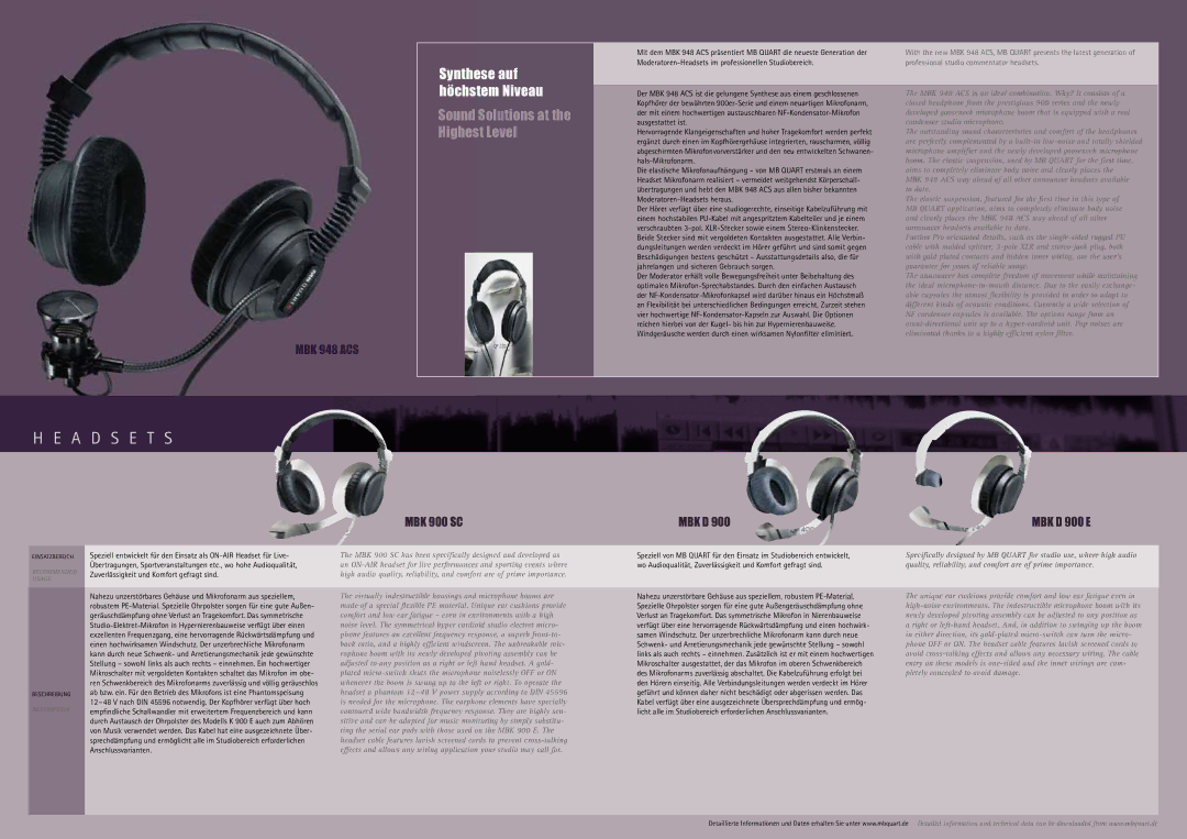 MB QUART Headphone & Headset manual Synthese auf höchstem Niveau, MBK 900 SC MBK D MBK D 900 E 