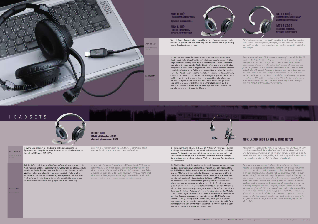 MB QUART Headphone & Headset manual Mbk C, MBK D 800 E, MBK C 800 E, MBK LK 700, MBK LK 702 & MBK LK 