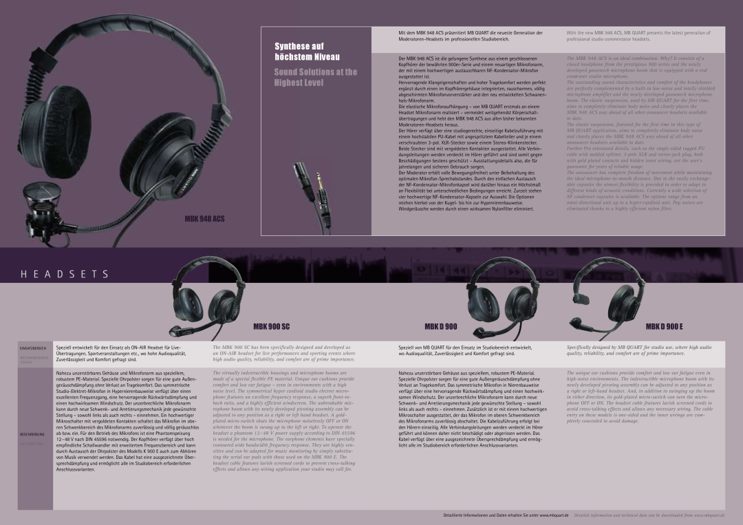 MB QUART Headphone & Headset Synthese auf höchstem Niveau, MBK 948 ACS, MBK 900 SC, Mbk D, MBK D 900 E, H E A D S E T S 