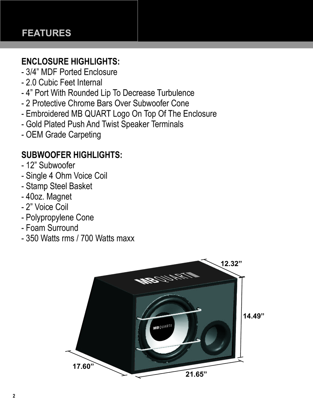 MB QUART MBQ12SB4 installation instructions Enclosure Highlights, Subwoofer Highlights 