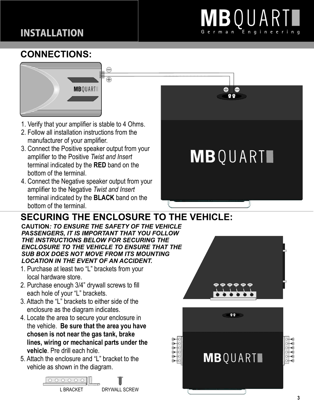 MB QUART MBQ12SB4 installation instructions Connections, Securing the Enclosure to the Vehicle 