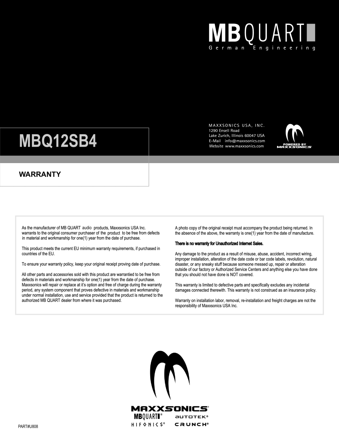 MB QUART MBQ12SB4 installation instructions Warranty 