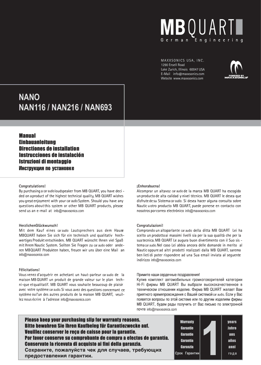 MB QUART NAN116, NAN693, NAN216 manual Nano 