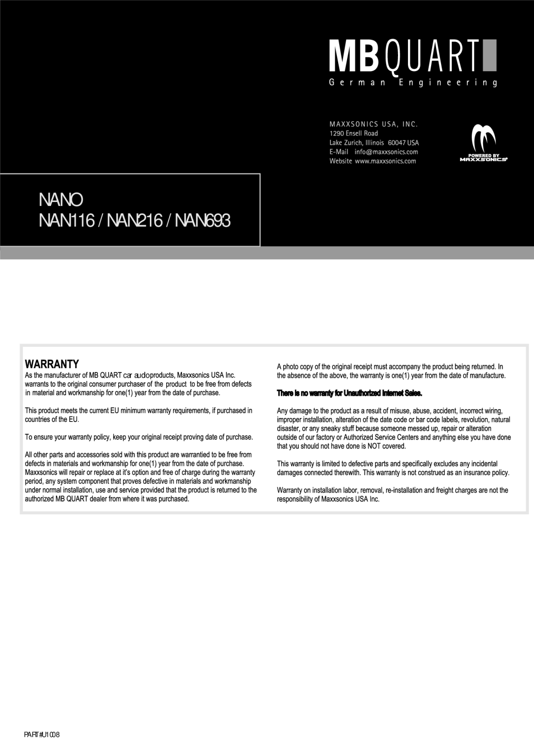 MB QUART NAN116, NAN693, NAN216 manual PART#U1008 