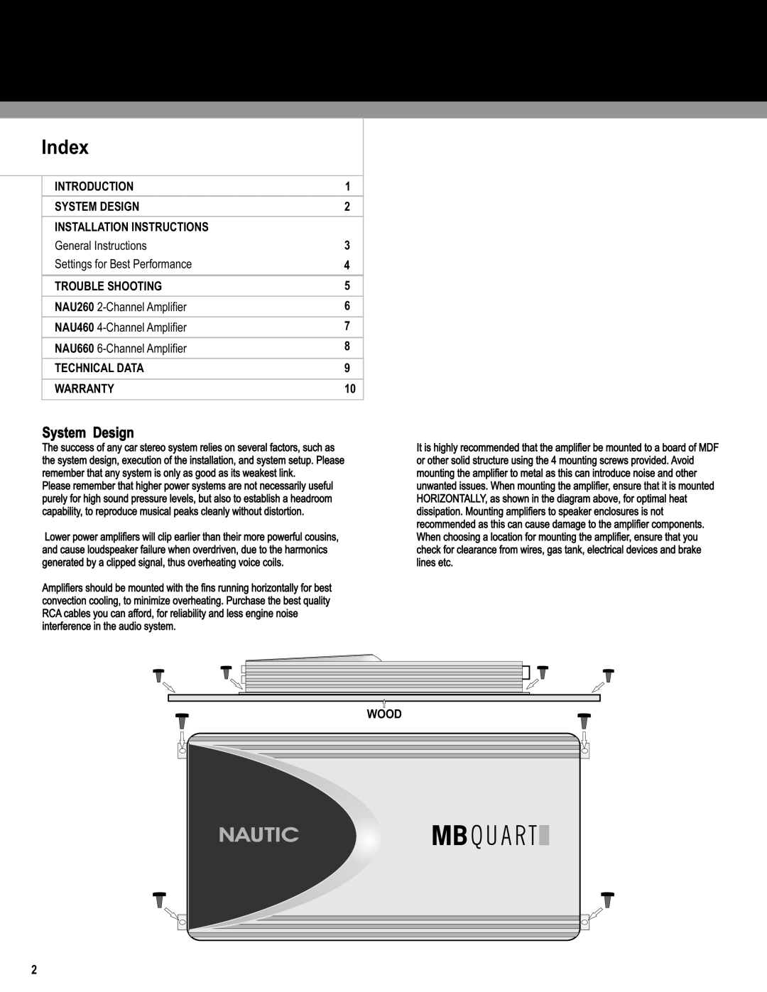 MB QUART NAU460, NAU260, NAU660 installation manual Index, System Design 