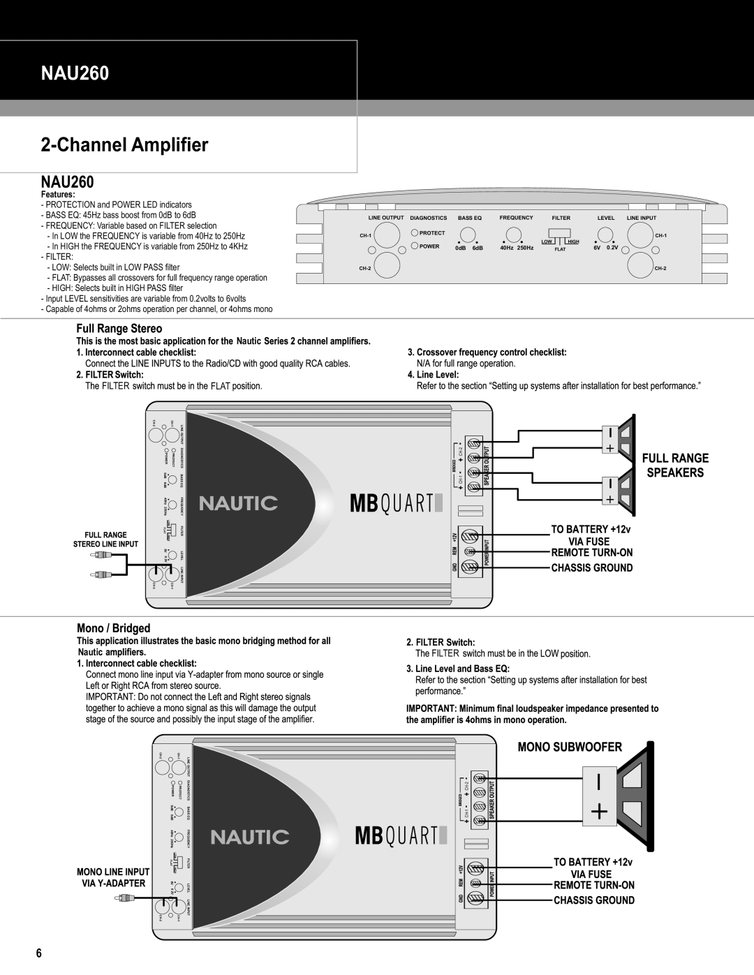 MB QUART NAU260, NAU660, NAU460 installation manual Channel Amplifier, Filter, Flat 