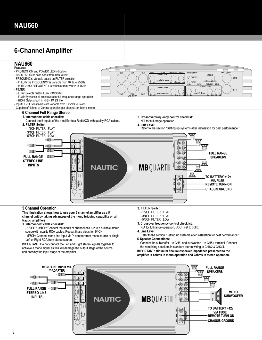 MB QUART NAU460, NAU260 installation manual NAU660, Filter Flat 6CH Filter LOW 