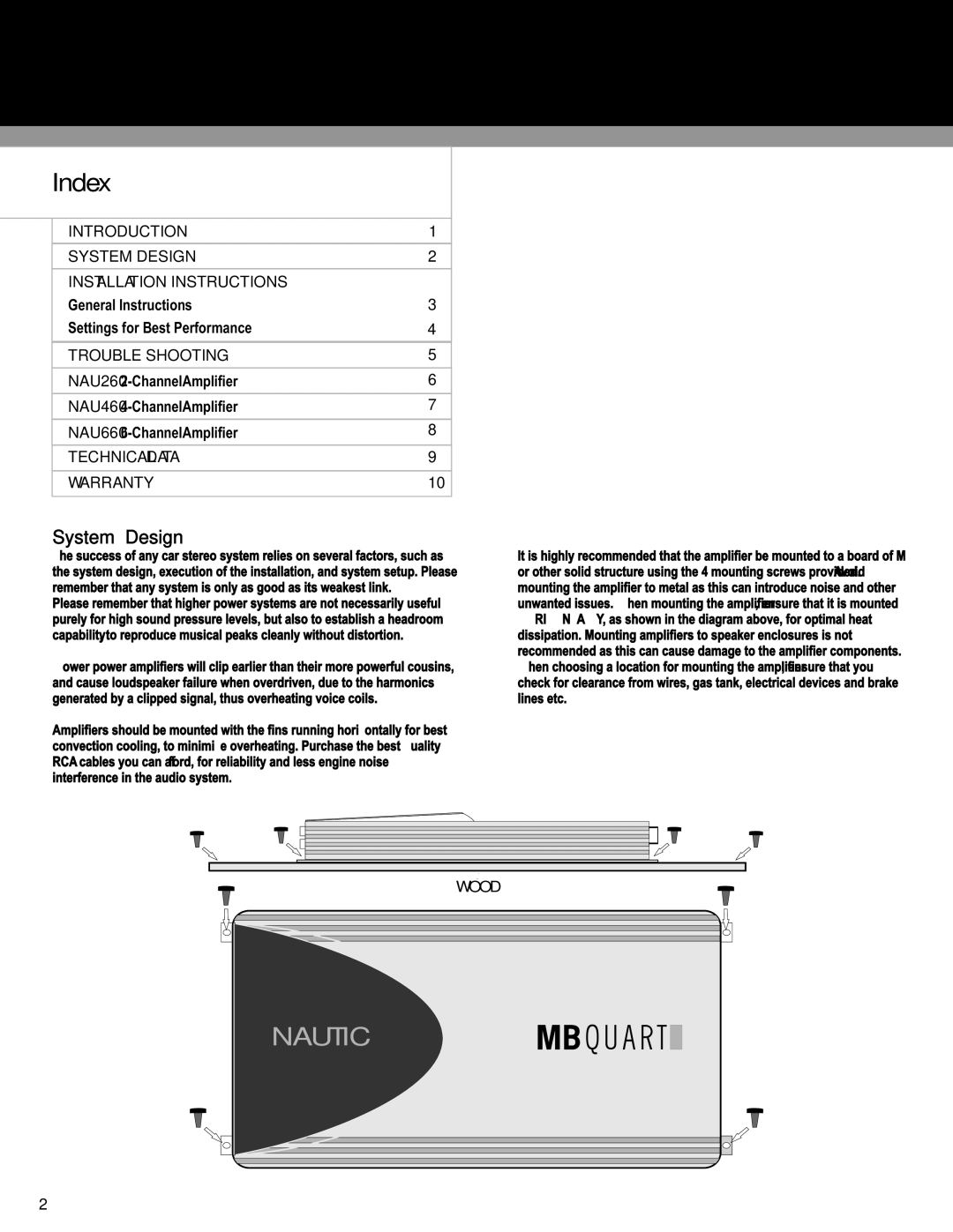 MB QUART NAU460, NAU260, NAU660 installation manual Index, System Design 