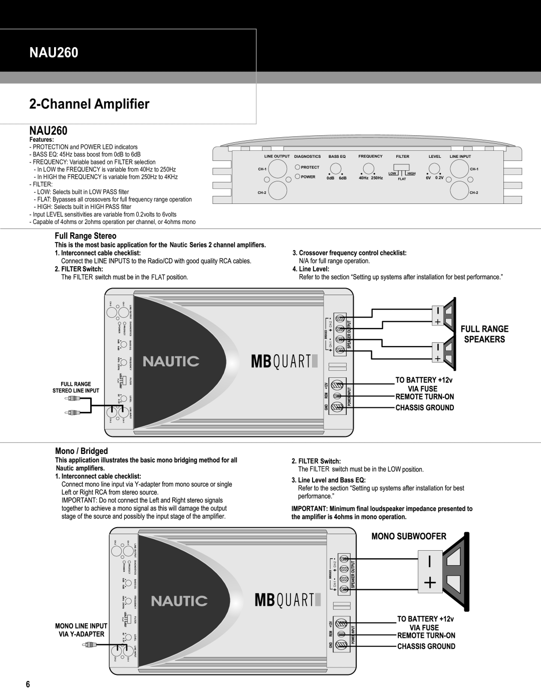 MB QUART NAU260, NAU660, NAU460 installation manual ChannelAmplifier, Nautic, Filter, Flat 