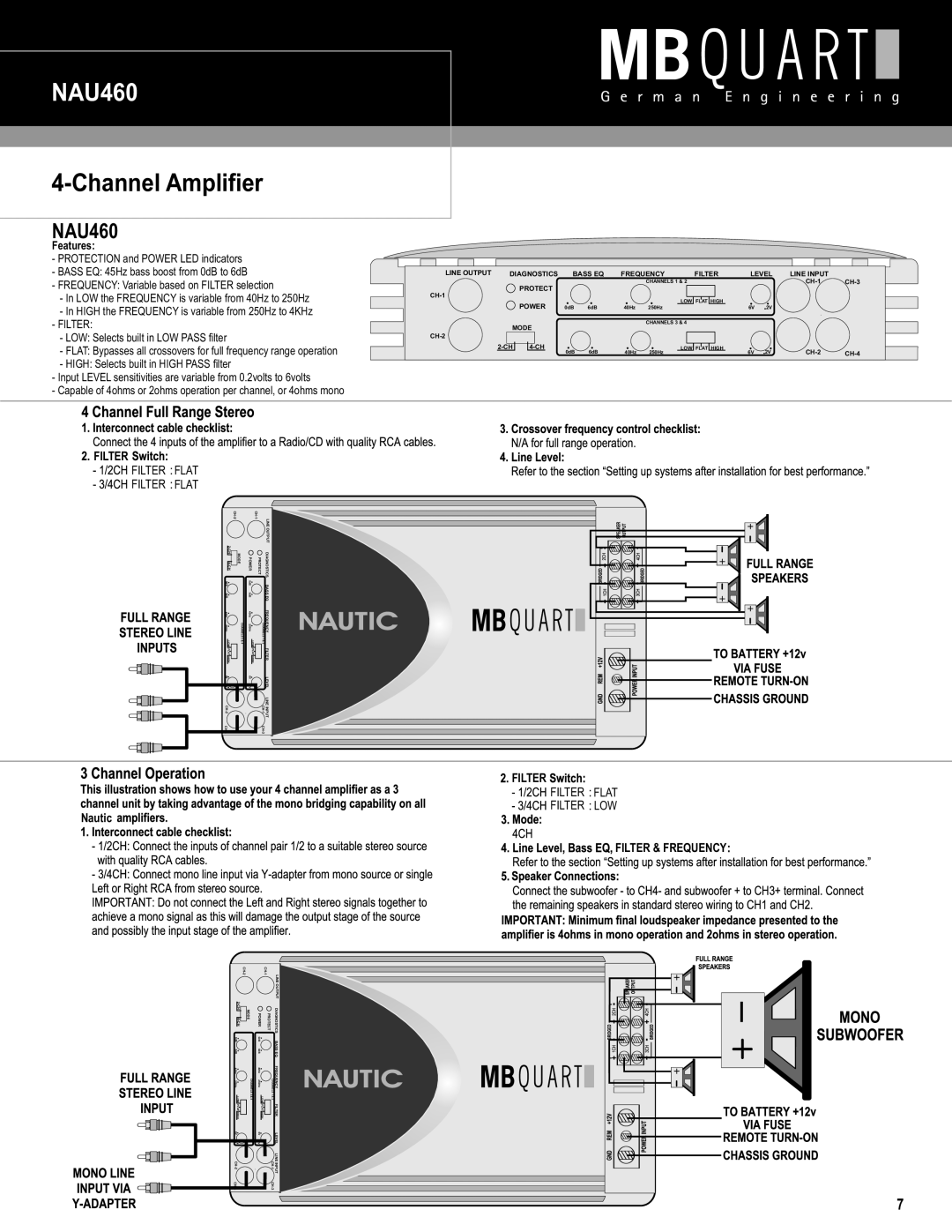 MB QUART NAU660, NAU260 NAU460, ChannelAmplifier, Nautic, Filter Flat Filter Flat, Filter & Frequency 