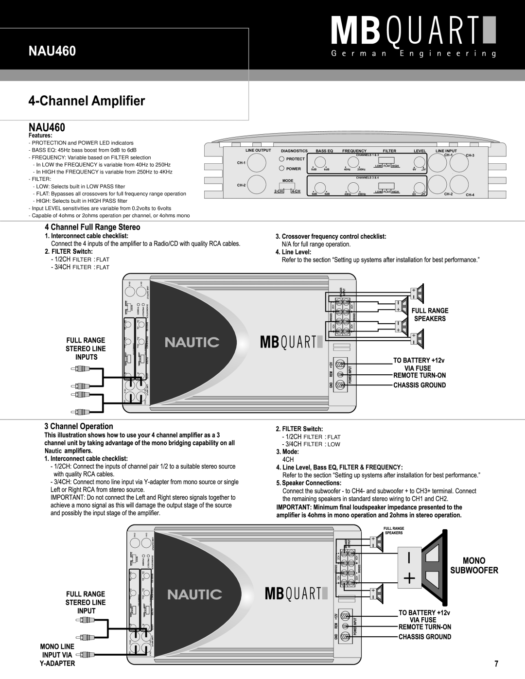 MB QUART NAU660, NAU260 NAU460, ChannelAmplifier, Nautic, Filter Flat Filter Flat, Filter & Frequency 