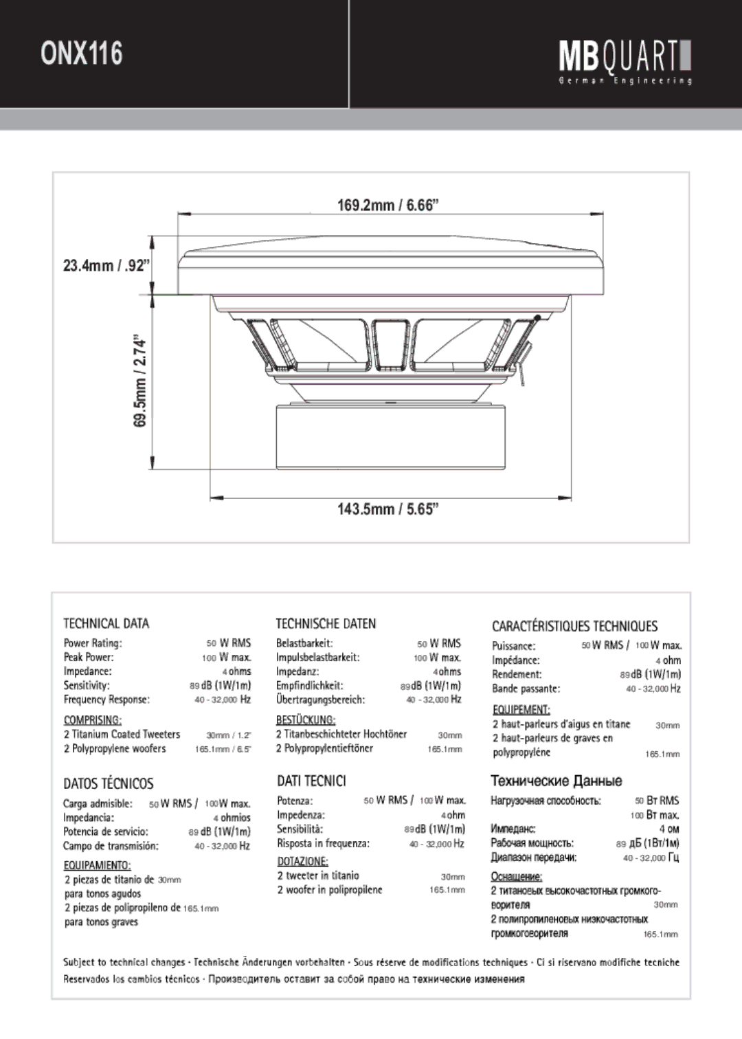 MB QUART ONX116, ONX216, ONX169, ONX157 manual 23.4mm, 69.5mm, 169.2mm, 143.5mm 