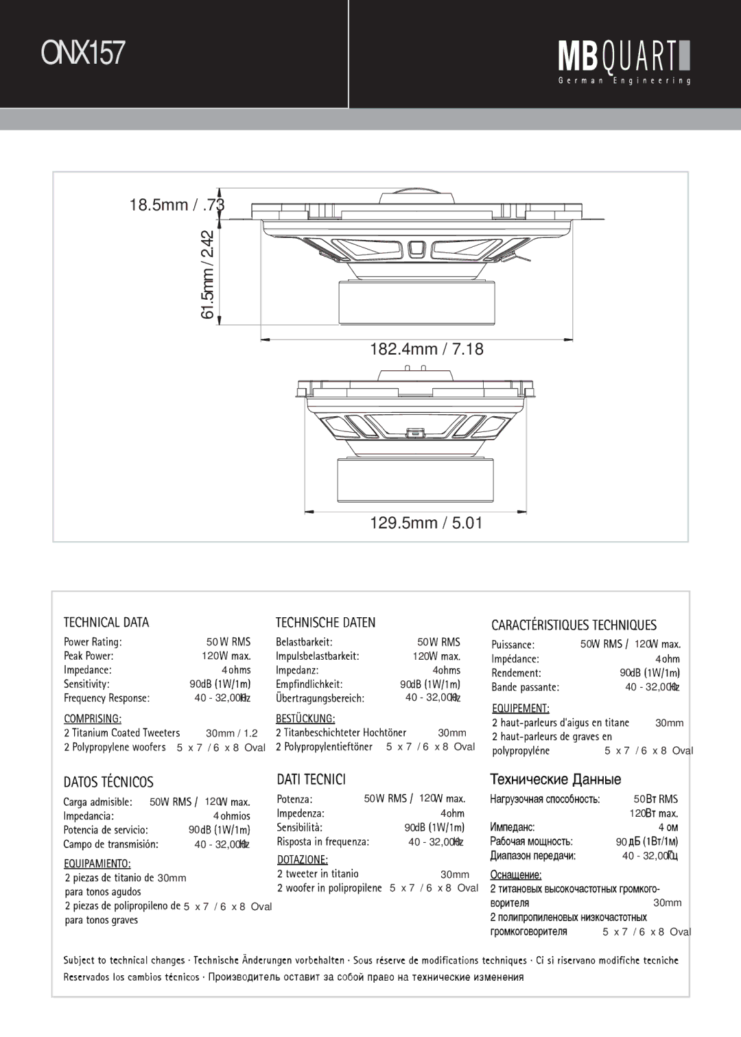 MB QUART ONX169, ONX216, ONX116 manual ONX157, 18.5mm, 61.5mm 182.4mm 129.5mm 
