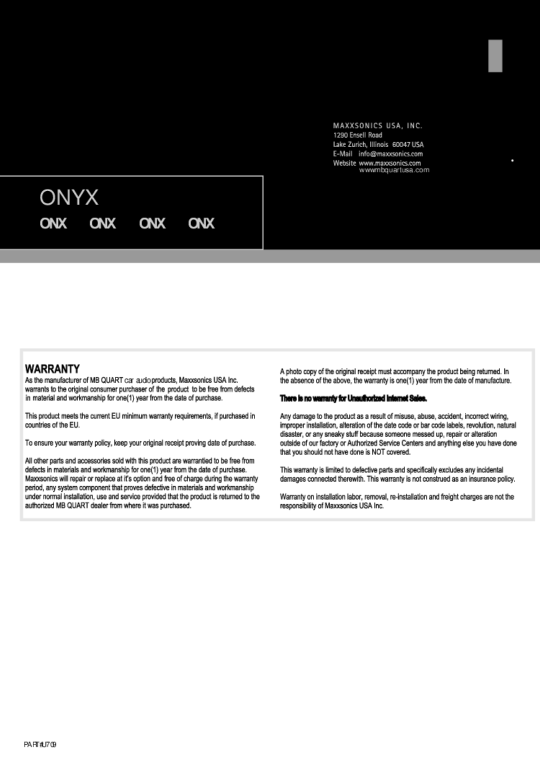 MB QUART ONX216, ONX169, ONX157, ONX116 manual PART#U709 